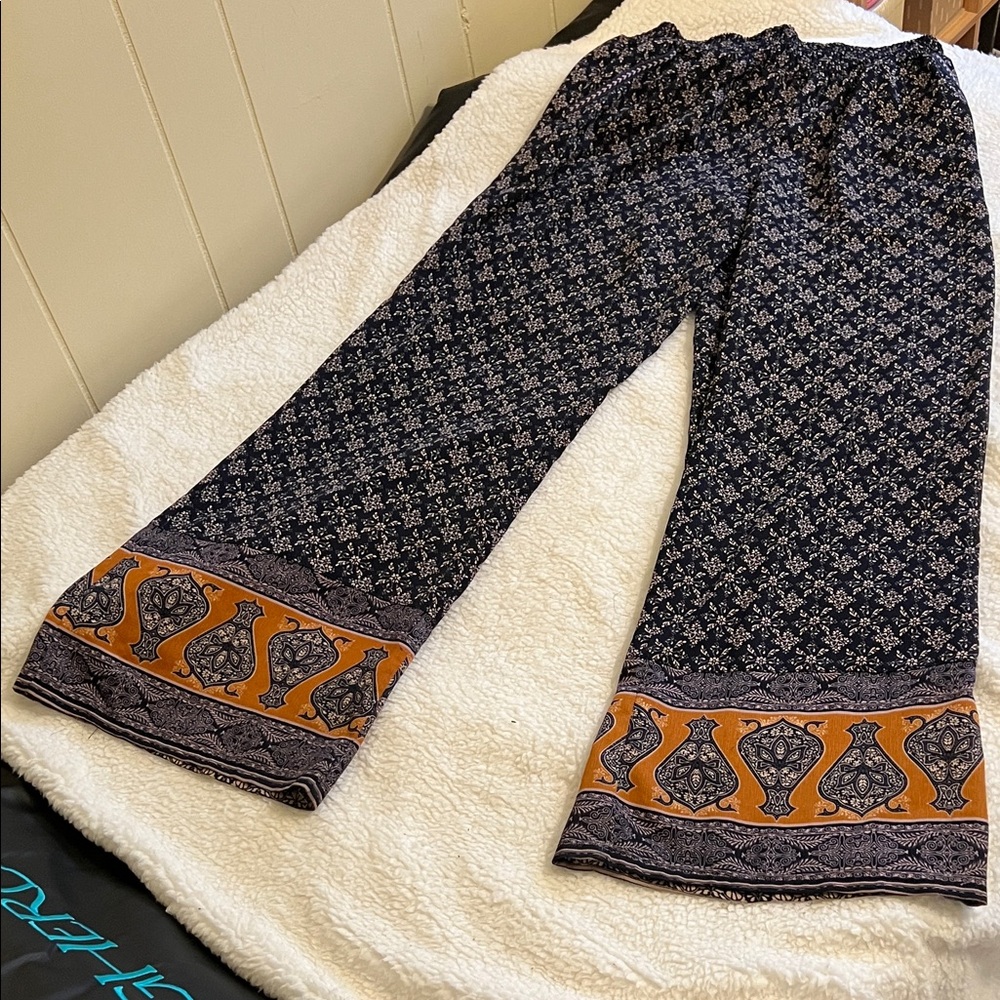 Bohemian Wide-Leg Pants Navy Blue with Orange Accents Size M